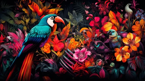 Colorful Parrot with Floral Arrangement in Tropical Landscape