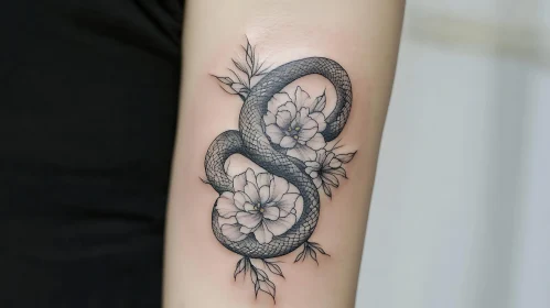 Intertwined Snake and Blooming Flowers Tattoo