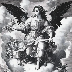 Monochrome Angel Offering Flowers Art