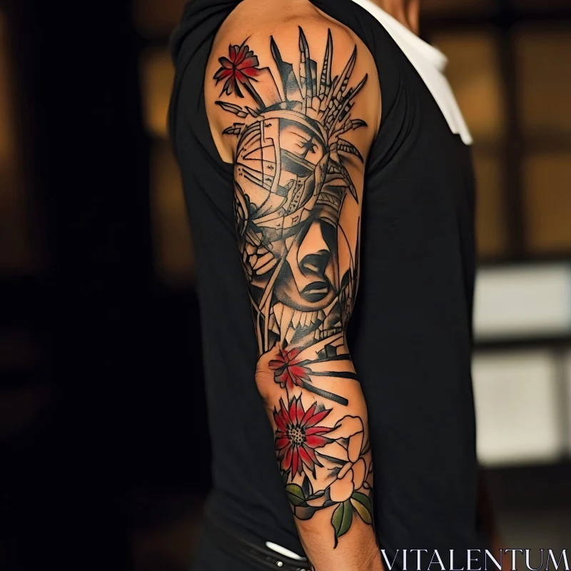 Arm Sleeve Tattoo with Black Ink and Red Flowers AI Image