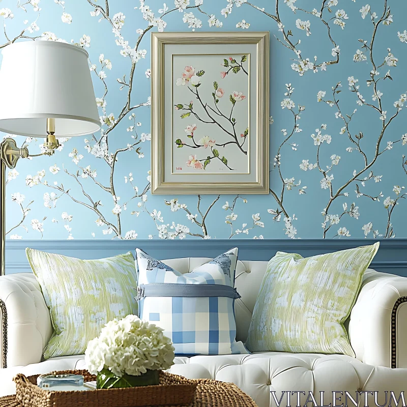 AI ART Tranquil Interior with Floral Wallpaper and Sofa