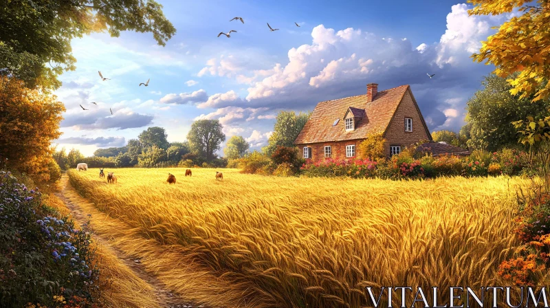 Rural Landscape with Wheat Field and House AI Image