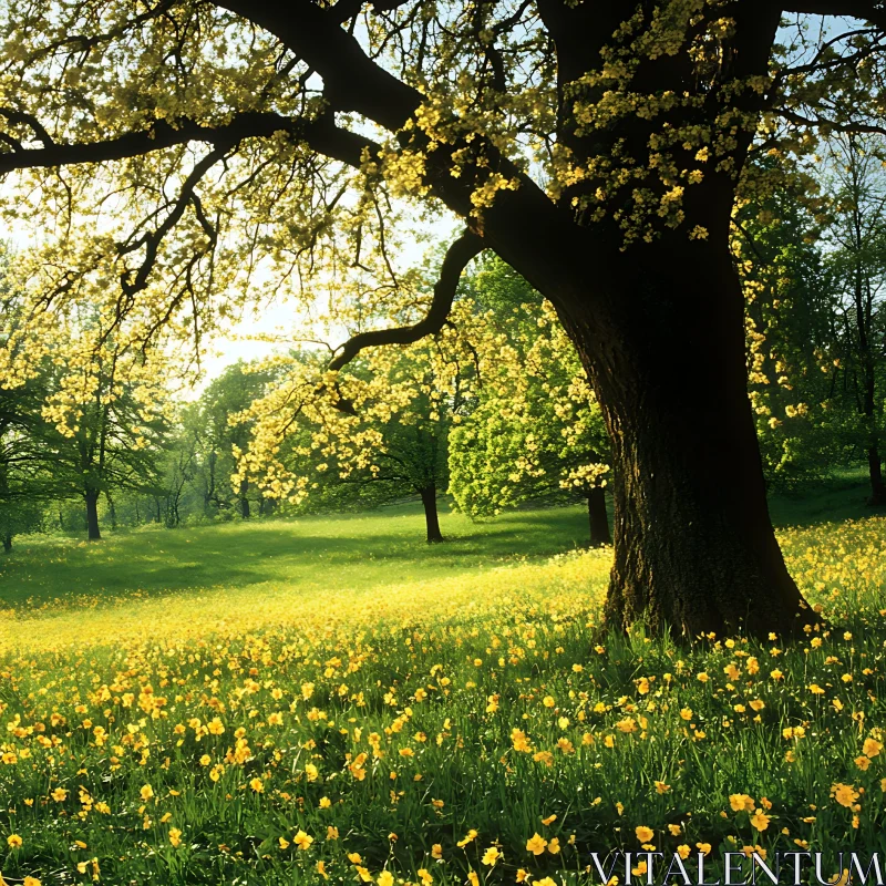 AI ART Field of Yellow Flowers Underneath a Tree