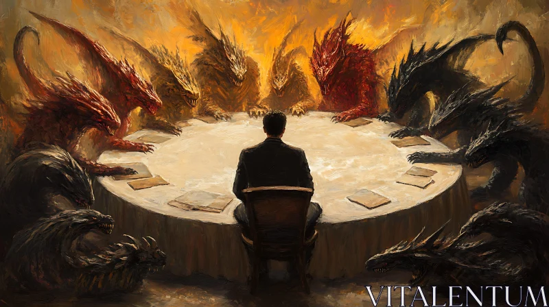 Man and Dragons at the Table AI Image