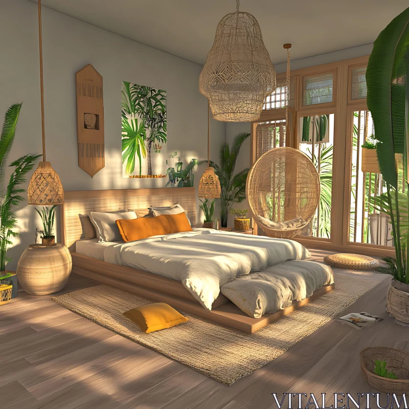 Serene Bedroom Retreat with Woven Decor AI Image