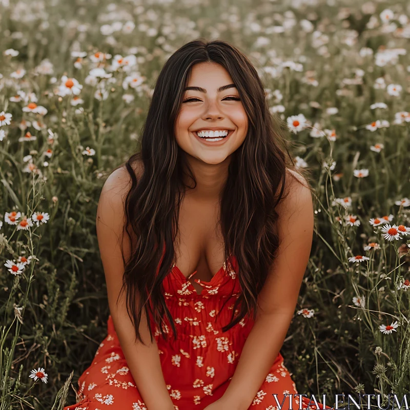 Smiling Woman in Flower Field Portrait AI Image