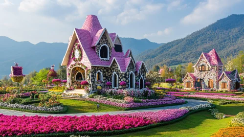 Pink Roof House Surrounded by Flowers