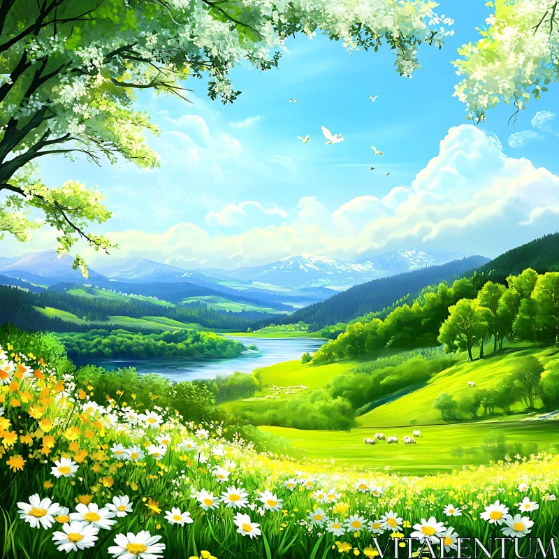 AI ART Lush Green Meadow with Distant Mountains