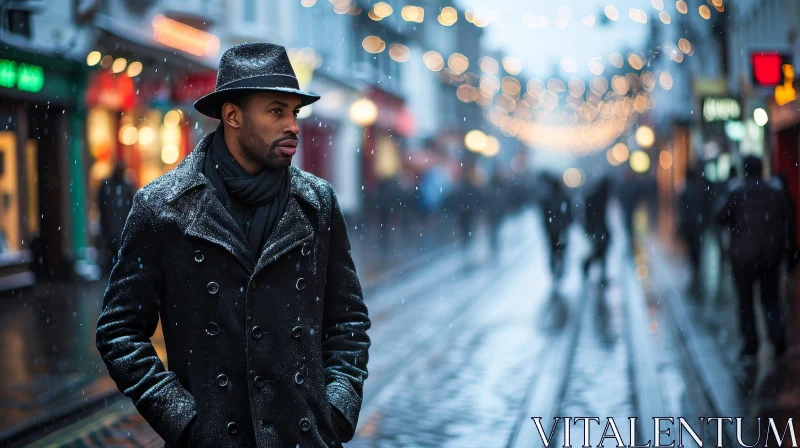Pensive African-American Man in Snowy Street AI Image