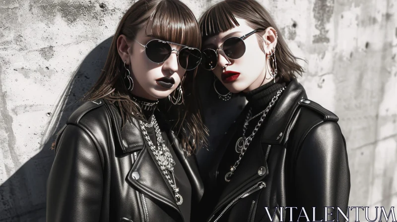Serious Young Women in Black Leather Jackets Against Concrete Wall AI Image