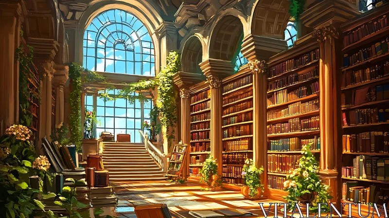 Classical Library Interior with Natural Light AI Image