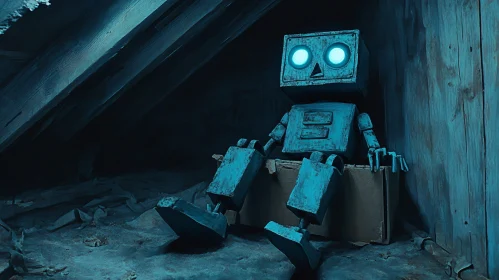 Blue Robot in Dark Attic