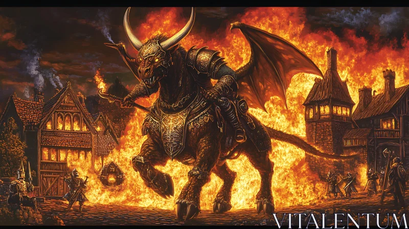 Armored Dragon in Burning Village AI Image