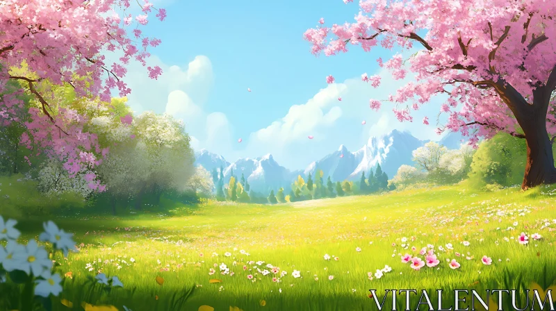 Idyllic Spring Meadow With Cherry Blossoms AI Image