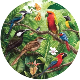 Colorful Bird Gathering in Jungle Setting