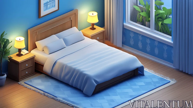 Calm Bedroom with Blue Walls and Wooden Accents AI Image