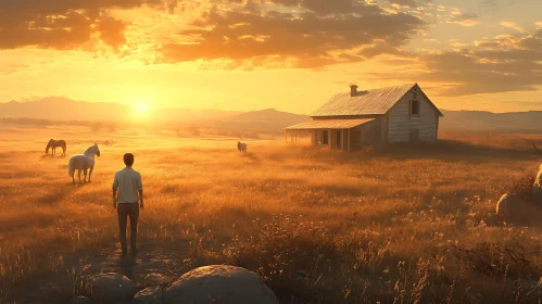 Man and Horses in Golden Field