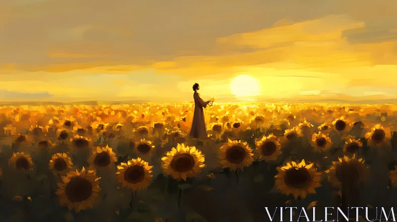 AI ART Woman in Sunflower field at Sunset