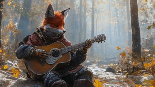 Fox Playing Guitar in Autumn Forest