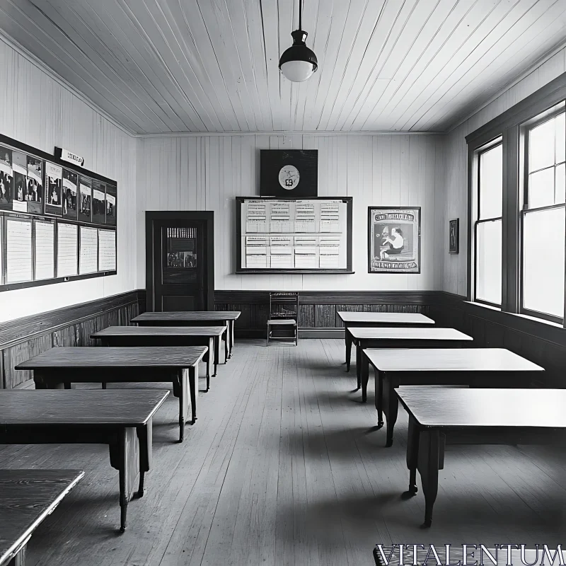 AI ART Monochrome Classroom with Desks and Charts