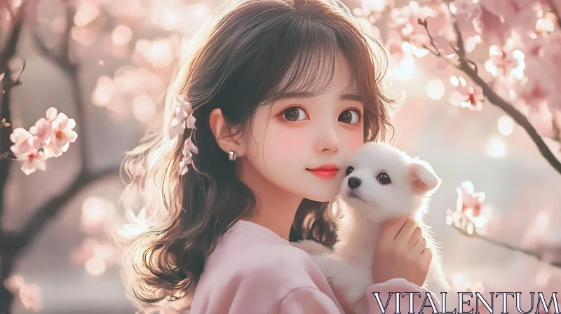 Portrait of Girl Holding White Puppy AI Image