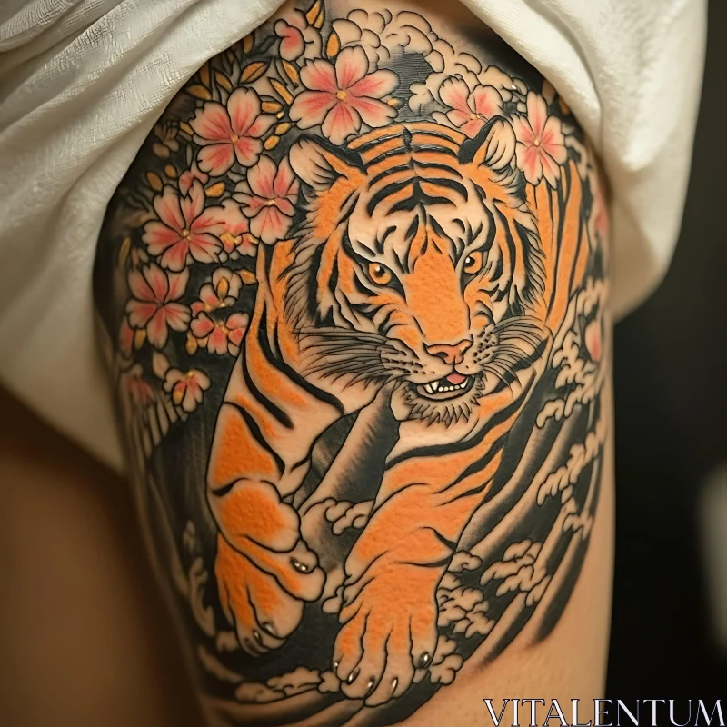 AI ART Vivid Tiger and Cherry Blossom Tattoo Design