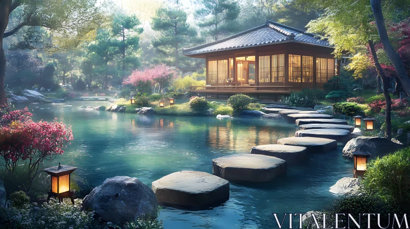 Japanese Garden with Pond and Lanterns AI Image