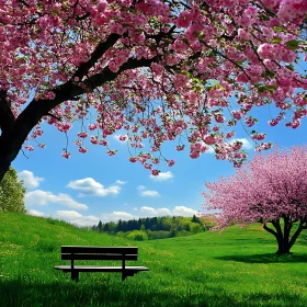 Cherry Blossom and Bench in Spring