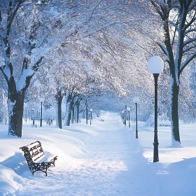 Snowy Park Path with Bench and Lamps