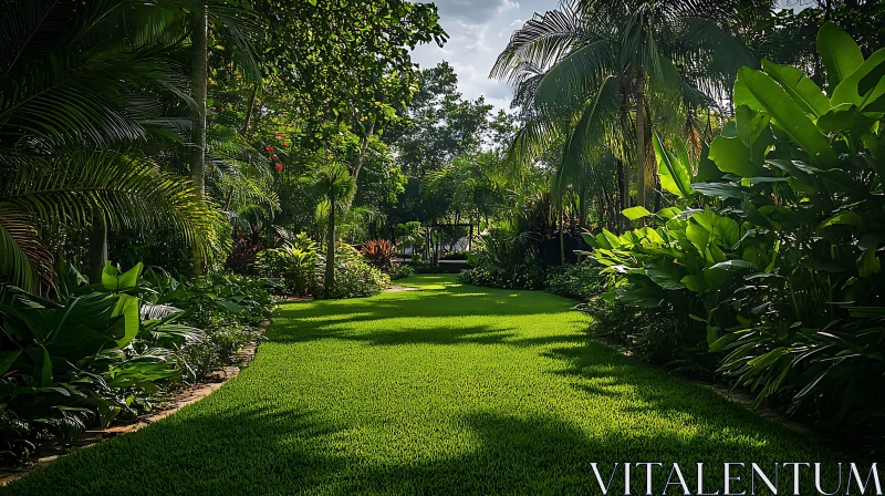 Tropical Garden with Green Lawn AI Image