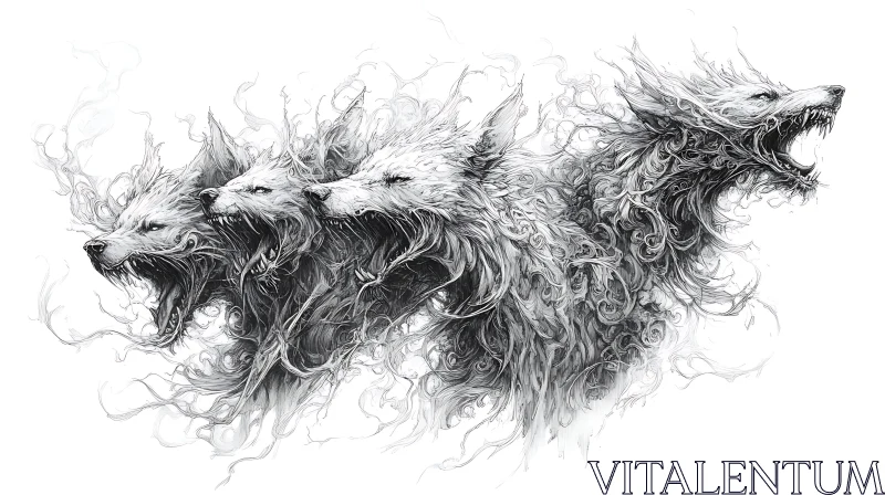 AI ART Monochrome Wolf Monster with Multiple Heads