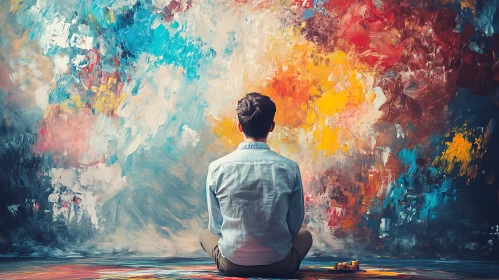 Man Meditating in Front of Colorful Painting