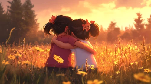 Girls Hugging in a Flower Field at Sunset