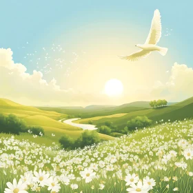 Peaceful Meadow Scene with Flying Bird