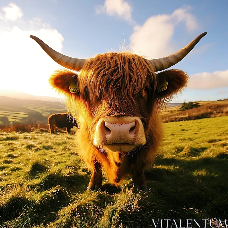 Fluffy Highland Cow in Grassy Field AI Image