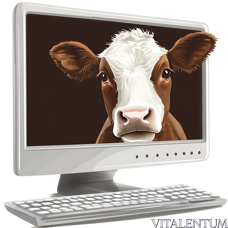 Cartoon Cow Peeking from Monitor AI Image