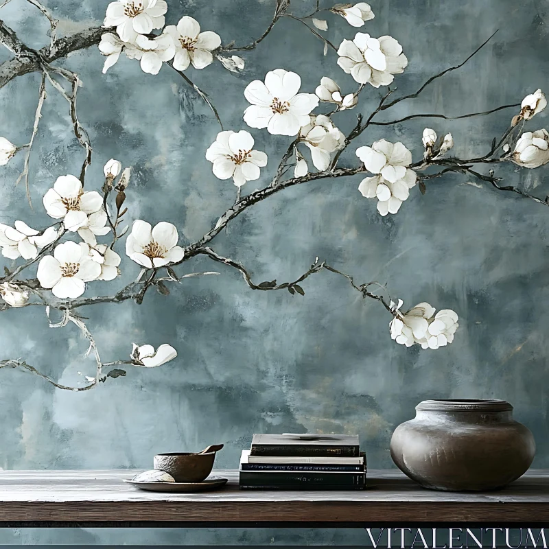 Floral Still Life with Books and Vase AI Image