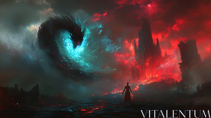 AI ART Warrior Facing Dragon in Fiery Landscape