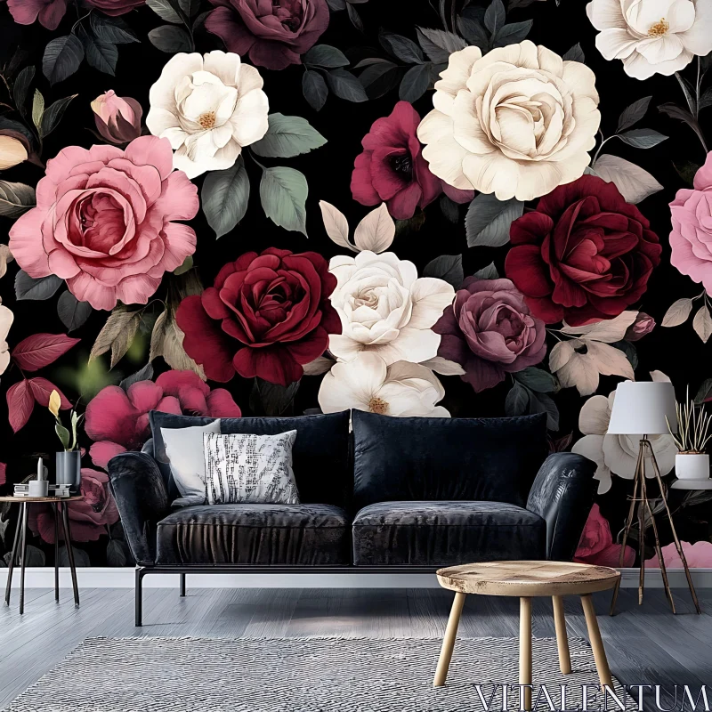 AI ART Roses Wallpaper with Comfortable Sofa