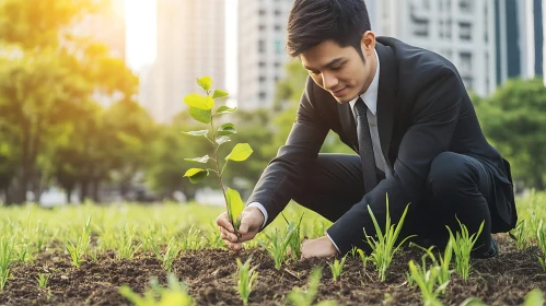 Business Man Planting a Tree Sapling