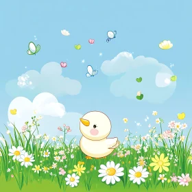 Cartoon Duckling Among Flowers and Butterflies