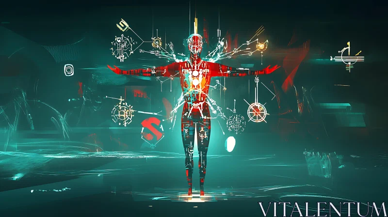 High-Tech Humanoid Cyborg in Abstract Art AI Image