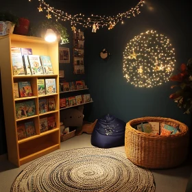 Cozy Reading Space with Books and Lights