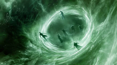 Emerald Swirl: Figures in Spectral Embrace