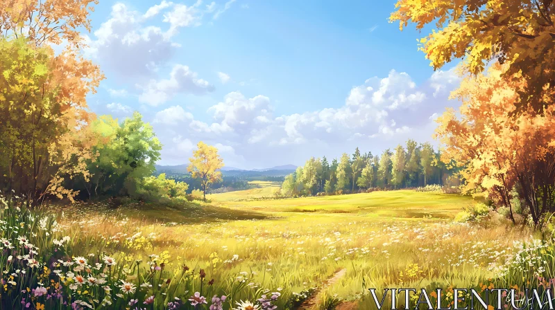 Scenic Autumn Field with Flowers AI Image