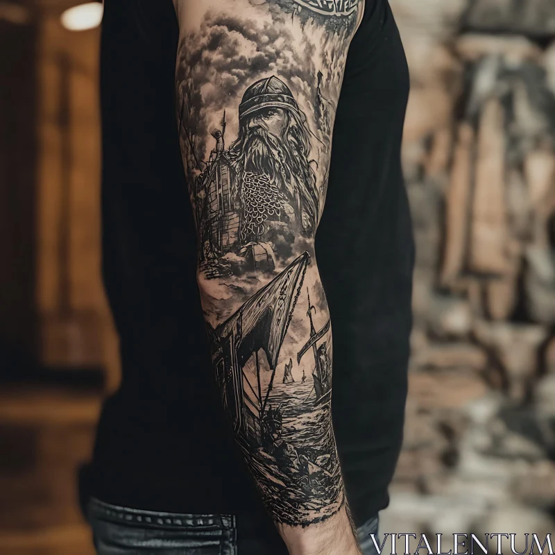 Viking Warrior Tattoo Sleeve with Ship Elements AI Image