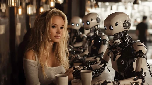 Robots and Woman in Cafe