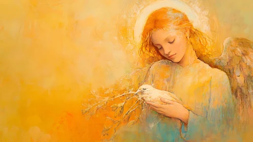 Golden Angel Holding Dove Illustration