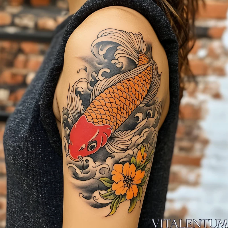 Vibrant Koi Fish and Flower Arm Tattoo AI Image