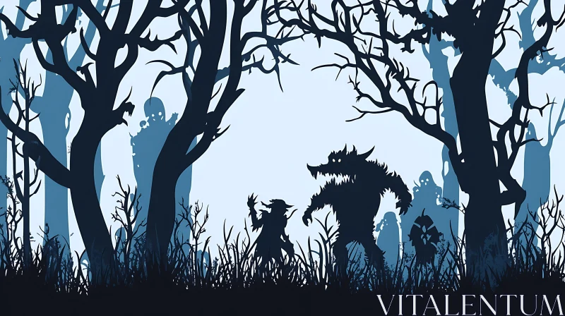 AI ART Silhouette of Witch and Werewolf in Forest